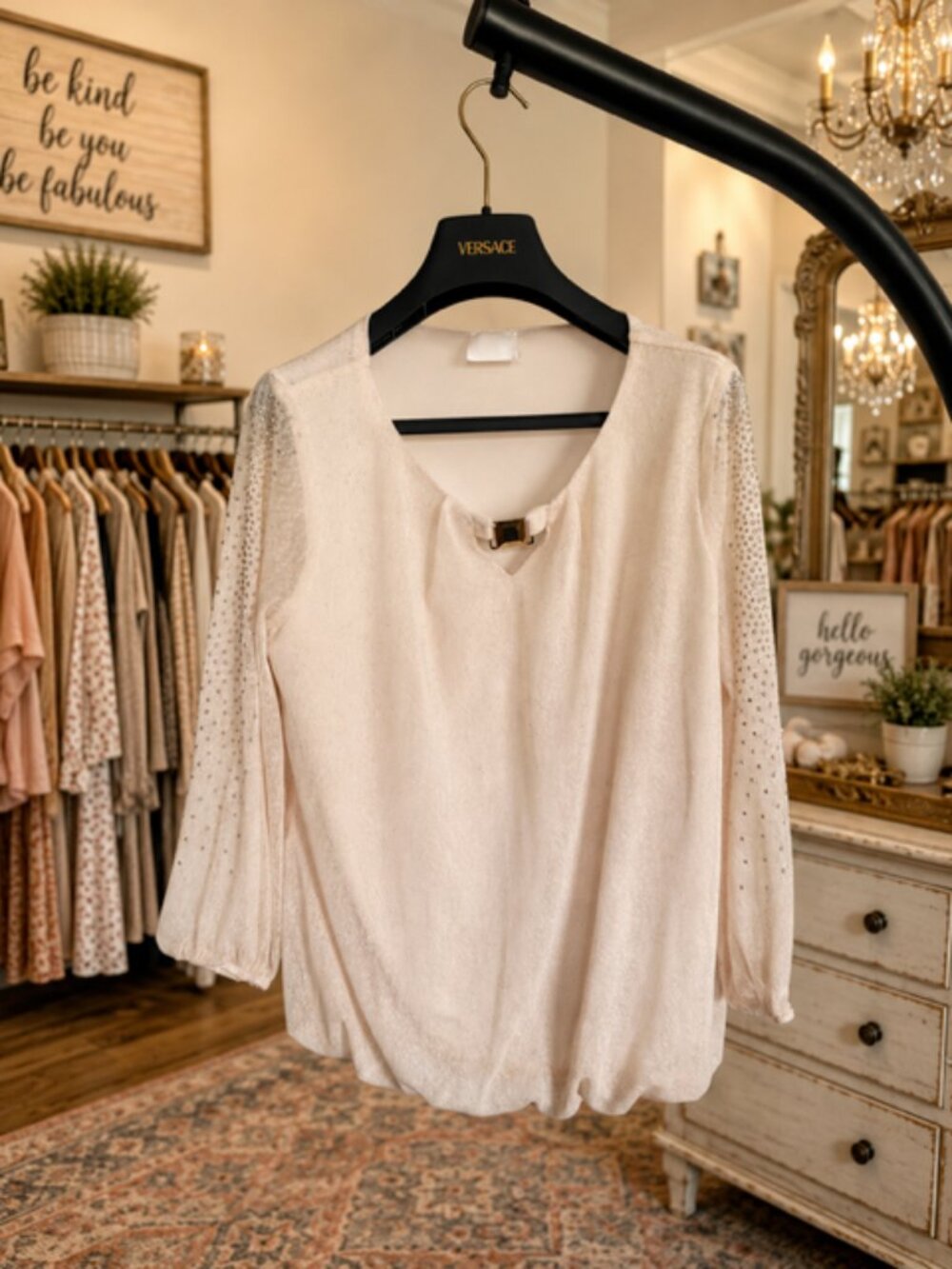 Cream Layered Sheer Sparkle Sleeve Blouse with Gold Accent